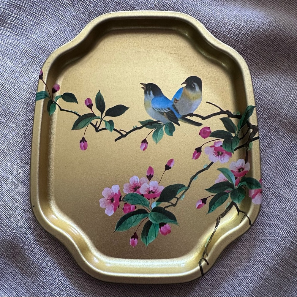 Vintage Gold Decorative Tray with Bird and Floral Design from England